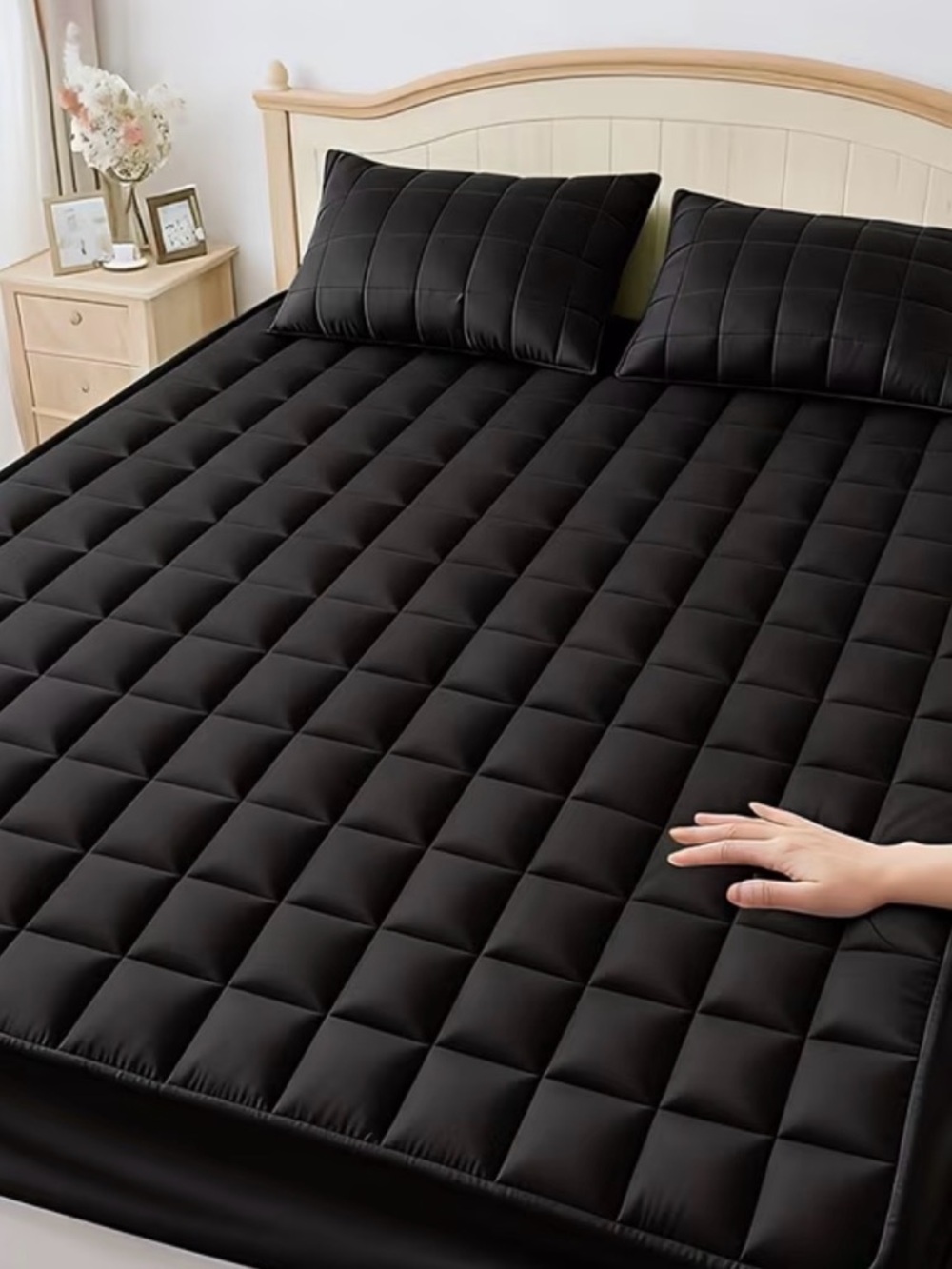 Black Quilted Mattress Cover - Plush Grid Comfort
